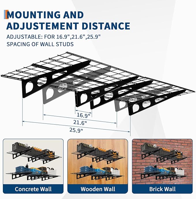 GarveeLife 2 Pack 2x6 ft Garage Storage Shelving Wall Mounted, 24 in-By-72 in 1600 LBS Heavy Duty Storage Shelves, Wall Shelve Garage Storage Rack Floating Shelves Organization for Warehouse, Laundry