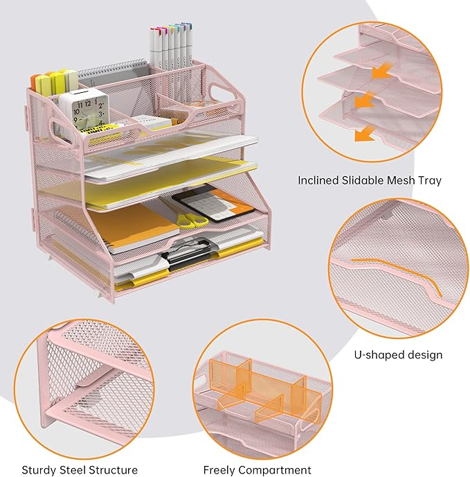 YINGHUA 5 Tier Paper Tray Letter Organizer with Top 6 Adjustable Compartments - Paper Sorter Office Desktop Accessories with Handles for Document,Mail,School Supplies Storage,Pink