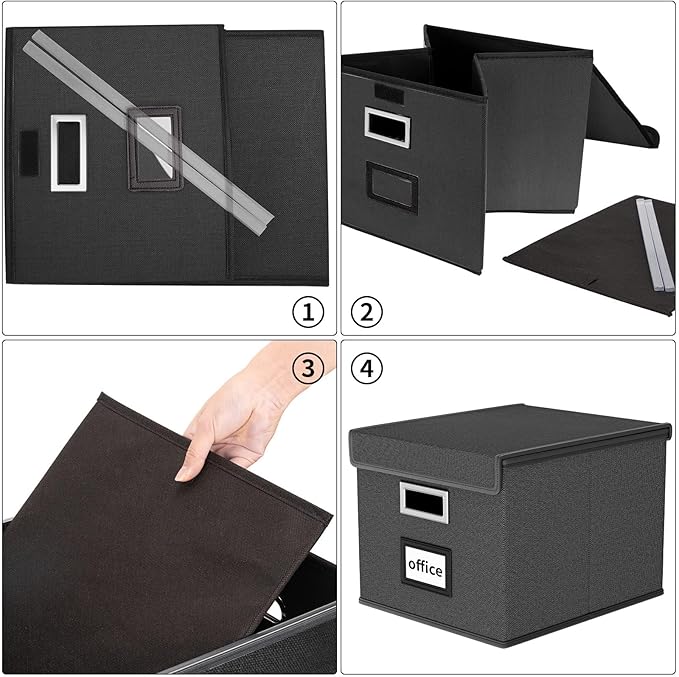Huolewa New Portable File Organizer Boxes Set of 4, Collapsible Linen Hanging Filing Storage Boxes with Plastic Slide, Decorative Home/Office Filing System for File and Folders Storage (Black)
