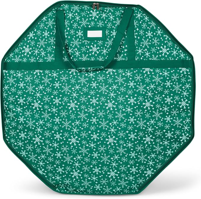 Covermates Keepsakes Deluxe Wreath Storage Bag – Heavy-Duty Polyester with Buckle Strap & Structured Interior – Protective Holiday Organizer with Handles, D-Ring & Label Window, Green Snowflake
