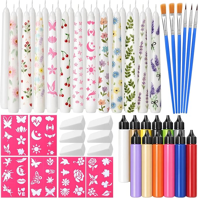 Treela 42 Pcs DIY Candle Painting Kit Include 12 White Taper Candles 12 Vibrant Colors Candle Wax Pen 6 Floral Painting Stencils 6 Paint Brushes 6 Sponge Block for Craft Birthday Wedding Holiday Party
