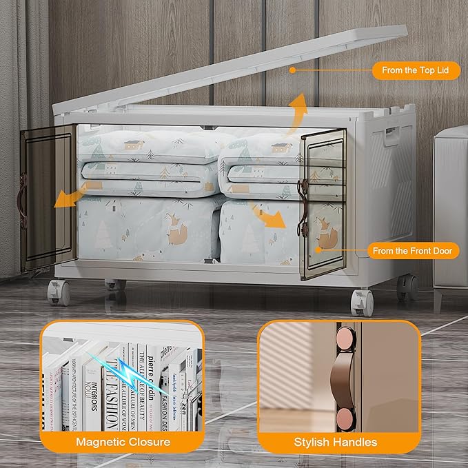 UAMFURI Stackable Storage Bins with Lids & Wheels & Door, Foldable Collapsible Closet Organizers, Extra Large Plastic Storage Drawers for Bedroom Dorm Office Garage (White-160QT, 1Pack with 1 top lid)