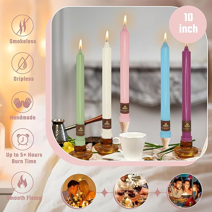 Dusty Blue Candlesticks 10 Inch Handmade Dripless Taper Candles Unscented Colored Candle Set, Pack of 4 - Up to 8 Hours Burn