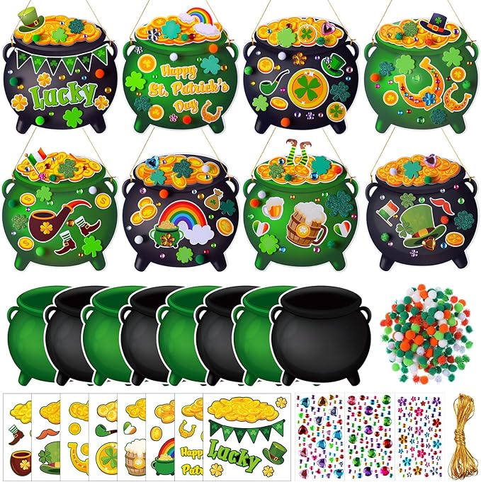 Funrous 48 Sets St. Patrick's Day Crafts Kit Pot of Gold Paper Crafts Bulk DIY Irish Green Shamrock Lucky Clover Coin Jar Leprechaun Hat Hanging Ornaments for Classroom Activities Arts Party Favors