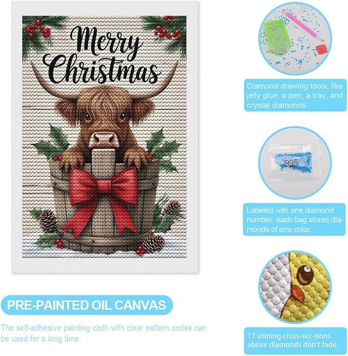 AIVKIEJK Diamond Painting Kits for Adults - Highland Cow Merry Christmas Painting DIY 5D Full Drill Diamond Dots Paintings with Diamonds Gem Art and Crafts Home Decor 8"x12"