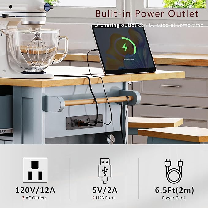 Kitchen Storage Island on Wheels with Drop Leaf & Power Outlet, Rolling Kitchen Island Cart with Open Side Racks, Door Shelves and Towel Bar, 53-Inch, Gray Blue