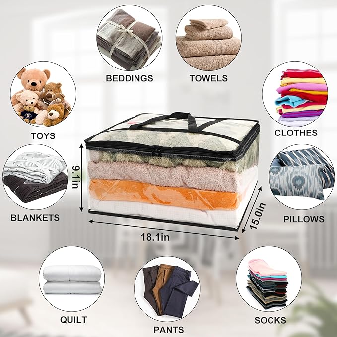 4Pack Clear Blanket Storage Bags, Vinyl Comforter Clothes Storage Closet Organizers and Storage Containers Moving Bags with Reinforced Handle for Bedding, Clothing, Comforters, Pillows, Toys,40L