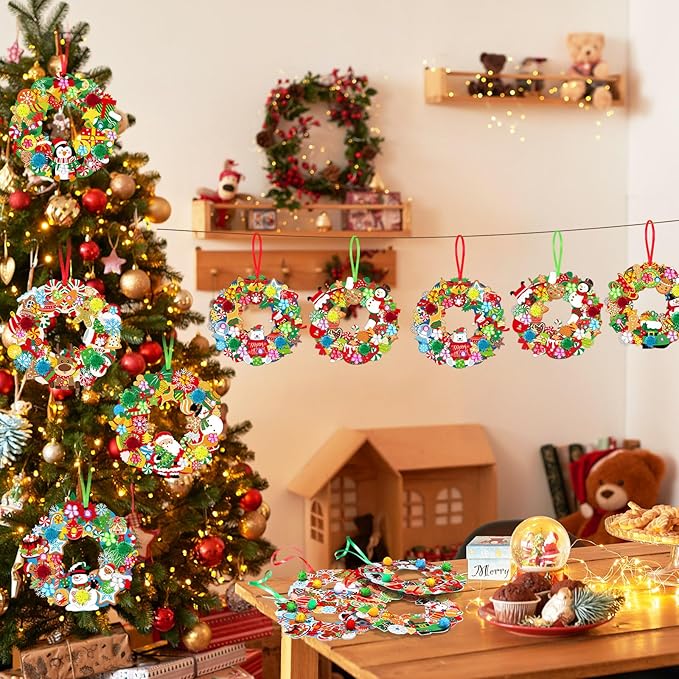Hollowfly 48 Sets Christmas Wreath Craft Kits for DIY Santa Claus Wreath Hanging Ornaments Make Your Own Paper Xmas Craft with Stickers for Christmas Party Favors School Classroom Activities