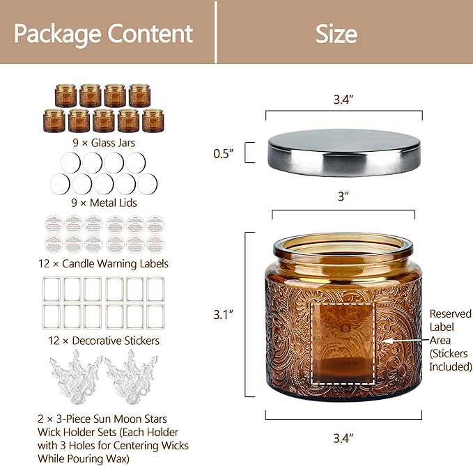 9-Pack 10 oz Sun Moon Star Embossed Glass Candle Jars with Mirror Lids and Labels - Unique Amber Candle Containers with Lids for Candle Making