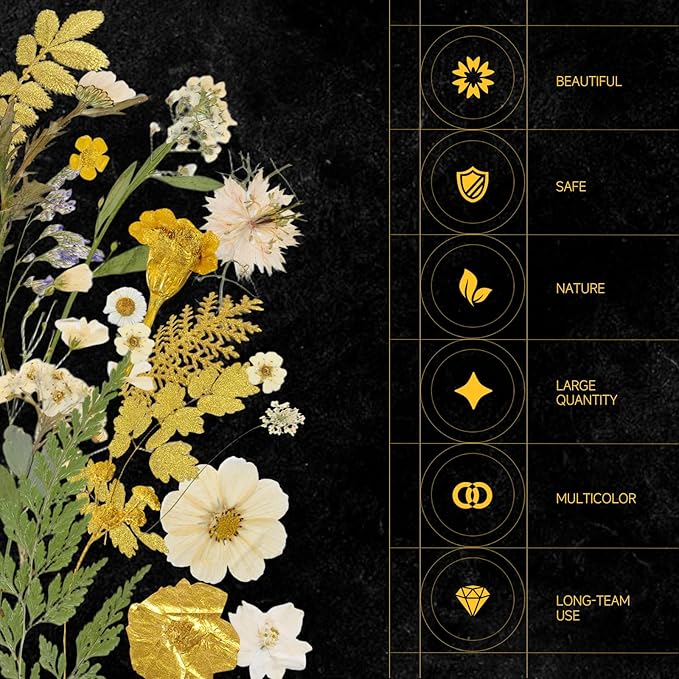 85 Pcs Dried Flowers for Crafts, Real Natural Dried Pressed Flowers in Golden & White for Resin, DIY Art, Jewelry, Candle & Soap Making – Tweezers Included
