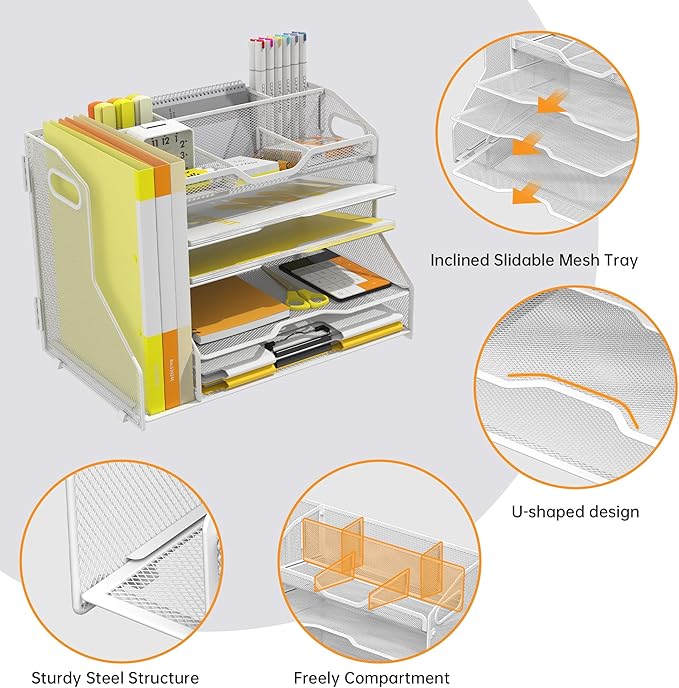YINGHUA 5 Tier Paper Tray Letter Organizer with Top 6 Adjustable Compartments and File Holder - Paper Sorter Office Desktop Accessories with Handles for Document,Mail,School Supplies Storage,White