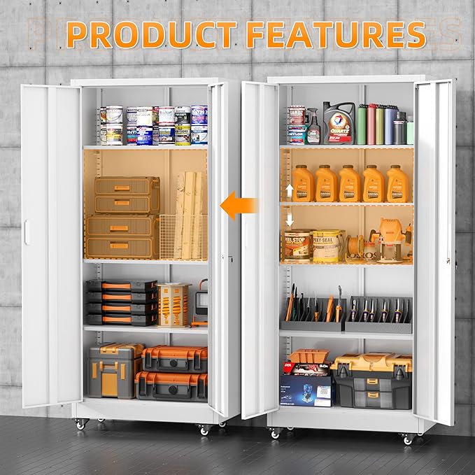 Superday 73" Metal Storage Cabinet with Wheels, Lockable Steel Utility Cabinet with 2 Doors and 4 Adjustable Shelves, Rolling Storage Cabinets for Garage, Home Office, Kitchen Pantry, White