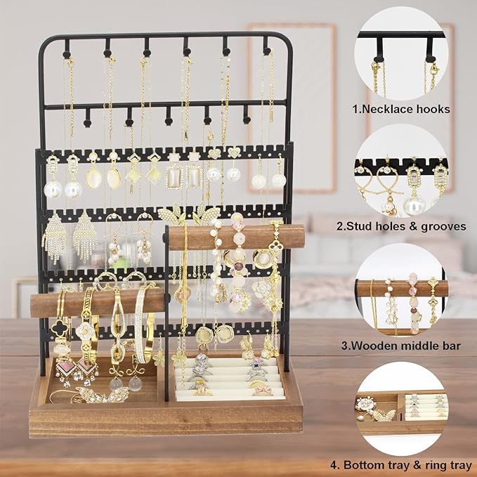 Jewelry Holder Organizer Stand 4-Tier Necklace Stand Earring Holder with Wooden Tray, Jewelry Rack for Bracelets Watches and Rings Display Stand, Gifts for Women & Girls-Black