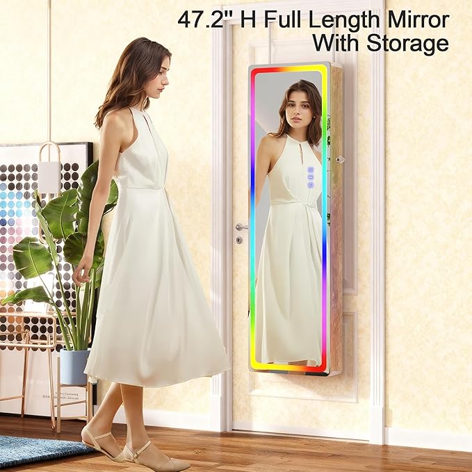 Lvifur LED Mirror Jewelry Cabinet - with RGB lights,Lockable Wall/Door Mounted Full Length Mirror with Storage,Hanging Jewelry Organizer-2 Drawers,Foldable Shelf,Built-in Lighted Mirror(Wood)