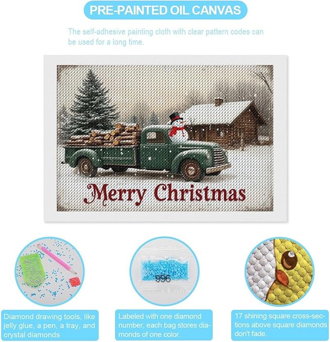 AIVKIEJK Diamond Painting Kits for Adults - Christmas Truck with Snowman & Cabin Winter Painting DIY 5D Full Drill Diamond Dots Paintings with Diamonds Gem Art and Crafts Home Decor 8"x12"