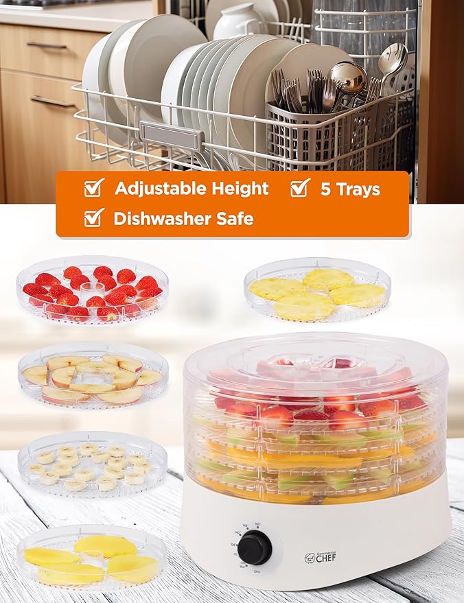 Commercial Chef Food Dehydrator, Five 9.25” BPA-Free Plastic Trays, Dehydrates and Dries Meat, Fruit, Veggies and Jerky, 280W Dehydration Machine, Adjustable Thermostat, CCD100W6, White