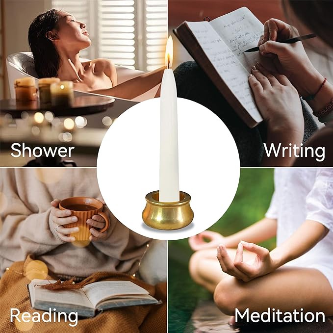 Mini Taper Candle Meditation Candles,White 20 Minute Prayer Candlestick Dripless Beeswax Candles with Brass Candle Holder for Yoga & Spiritual Rituals,30-WHI