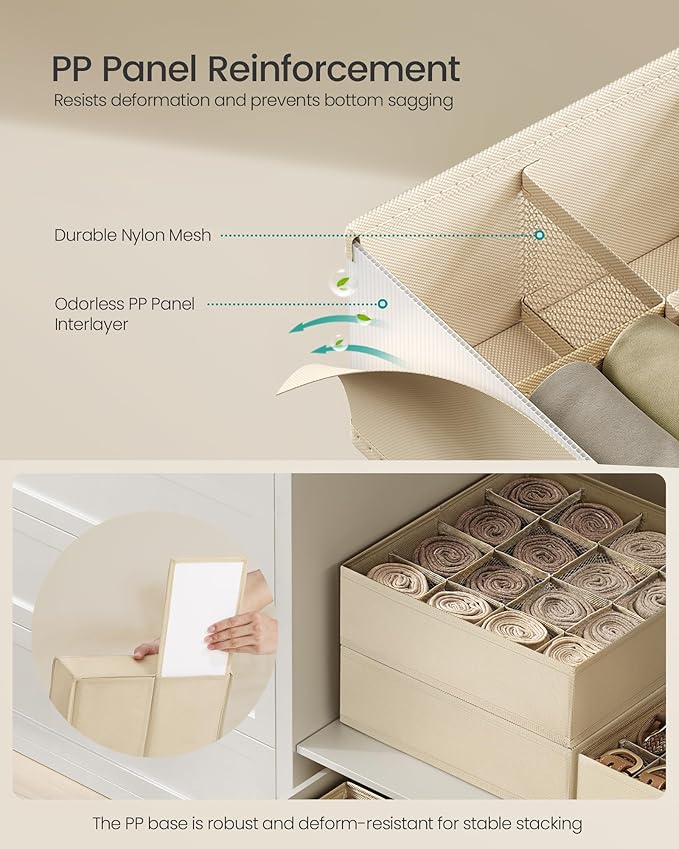SONGMICS Set of 4 Drawer Organizers, Closet Organizers for Underwear, 80 Cells, Foldable Sock Holders, 11.8 x 11.8 x 3.9 Inches, for Storing Socks, Ties, Belts, Sand Beige URUS011K01
