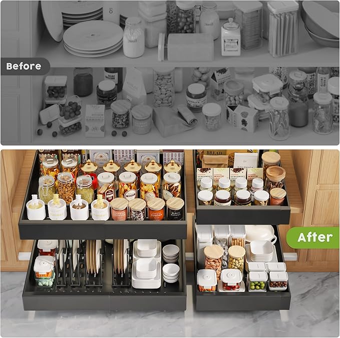 Seinloes 4Pack Expandable Pull Out Cabinet Organizer 21"Deep With Raising Pad for Framed Cabinets,Slide Out Drawers with 4pcs Divider Racks,Roll Out Shelves Adhesive,Adjustable Width 12.05"-20.4"Black