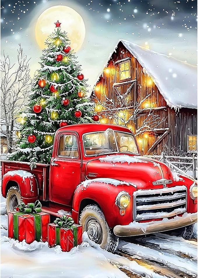 Genius maker Christmas Red Truck Diamond Painting Kits for Adults, 5D Diamond Art Kits for Adults Beginners, DIY Full Drill Gem Art Diamonds Painting Pictures Crafts Kit for Home Wall Decor 12x16inch