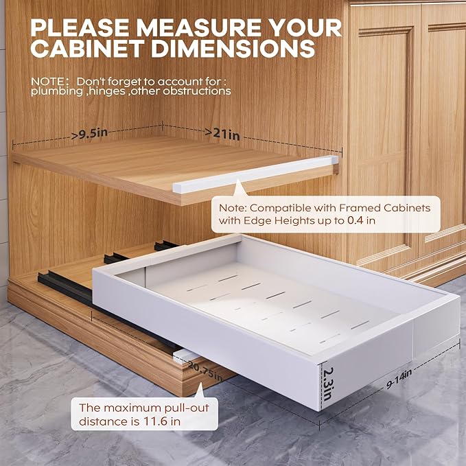 4 Pack Expandable (9"-14") Pull Out Cabinet Organizer 21" Deep With Raising Pad for Framed Cabinets,Upgrade 3 Slide Rails Slide Out Drawers,No Drill Roll Out Shelves Adhesive,White