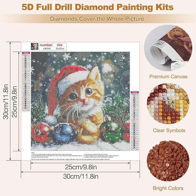 MEIYUDA Christmas Cat Diamond Painting Kits for Adults, 5D Cute Cat Diamond Art Kits for Beginners, DIY Gem Art Crystal Painting for Home Wall Decor and Present 12x12inch