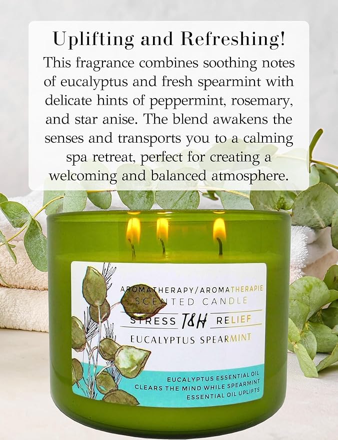 Eucalyptus Spearmint 3-Wick Soy Candle | 80 Hour Burn | 15.8 oz Aromatherapy Scented Candle for Home | Fresh Herbal Spa Scent | Gift Ready