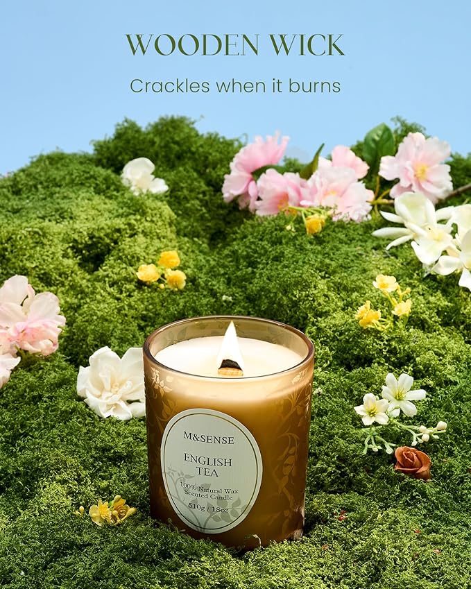 M&SENSE English Tea Soy Candle, Cracking Wooden Wick 18oz 100 Hours Long Lasting Clean Burn, Large Jar Winter Aromatherapy Candle for Home Decor, Non-Toxic Relaxing Gifts for Women