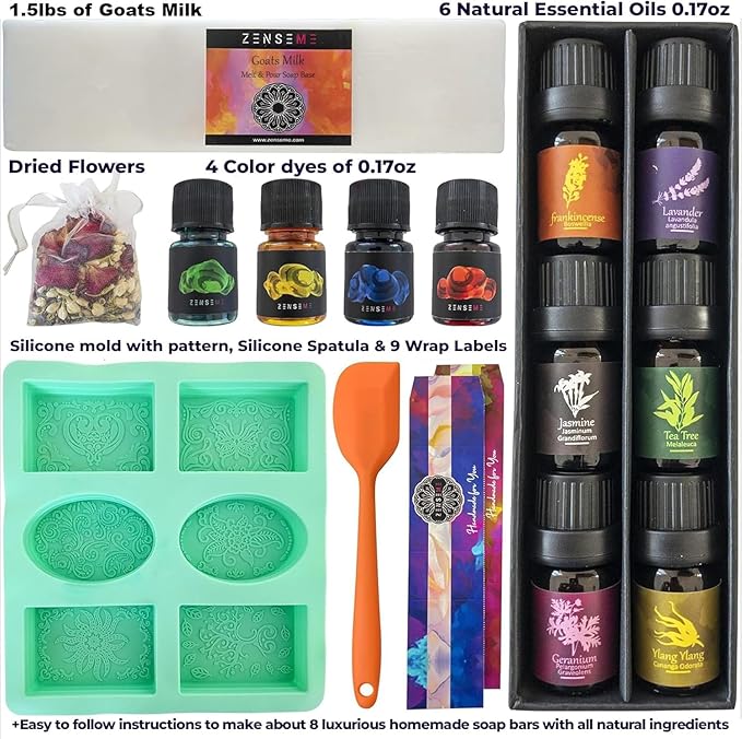 Soap Making Kit for Adults, Make Your Own Soap with Melt & Pour diy gentle soap supplies; 6 Essential Oils, Silicone Soap Mold, Spoon, Dried Flowers, 1.5lbs. Goats Milk Soap Base, 4 Colors, 9 Labels