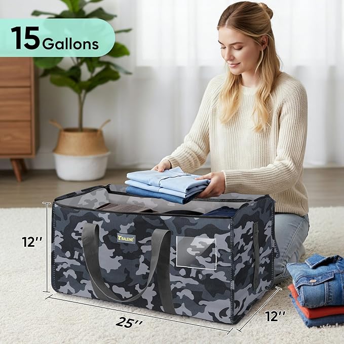 BALEINE Extra Large Storage Tote with Zippers & Carrying Handles, Heavy-Duty Oxford Fabric Moving Bags for Laundry, Space Saving, Storage, Grey Camouflage