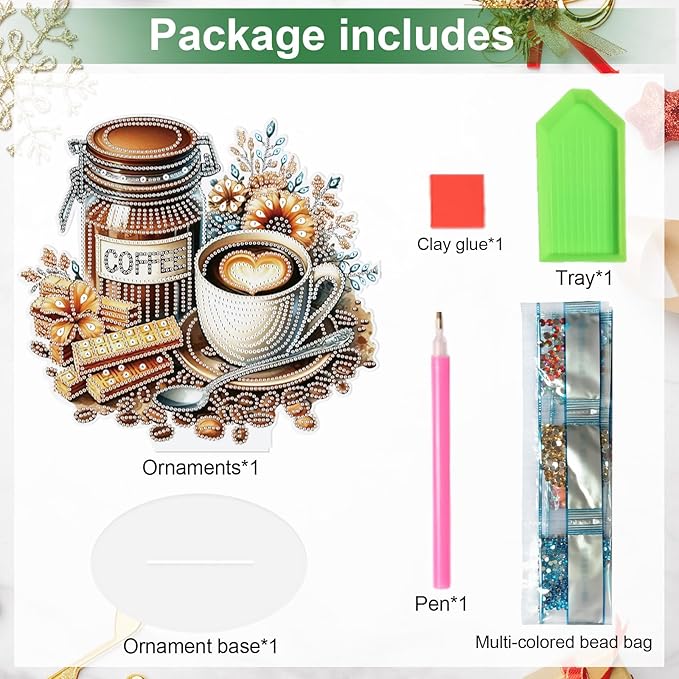 antor DIY Diamond Painting Desktop Ornament Coffee, 10x9.3in Acrylic Special Shape Diamond Art Kit Ornaments with Stand, Coffee and Chocolate Design, Tabletop Decoration for Home Crafts Gifts
