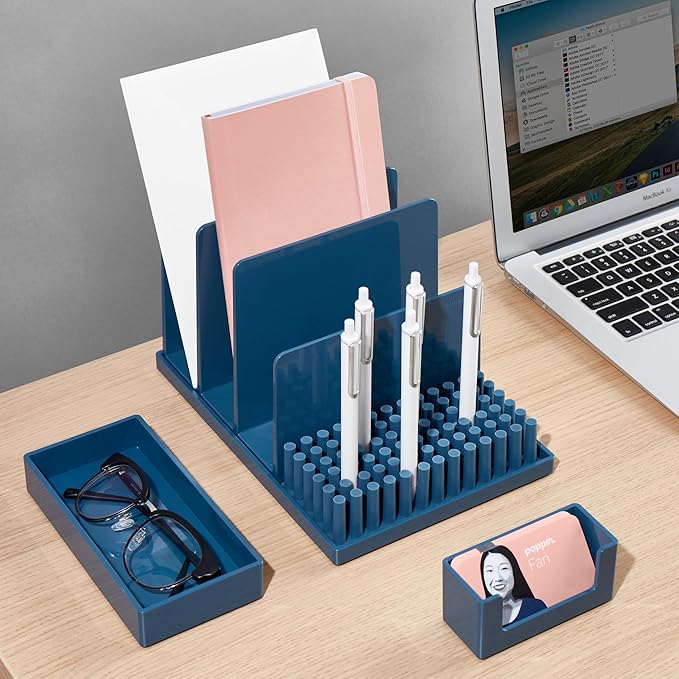 Poppin Stackable Small Accessory Tray - Modular Lacquer Desk Trays for Office Organization, Color-Coordinated Office Supplies for Desk (Slate Blue, Small Accessory)
