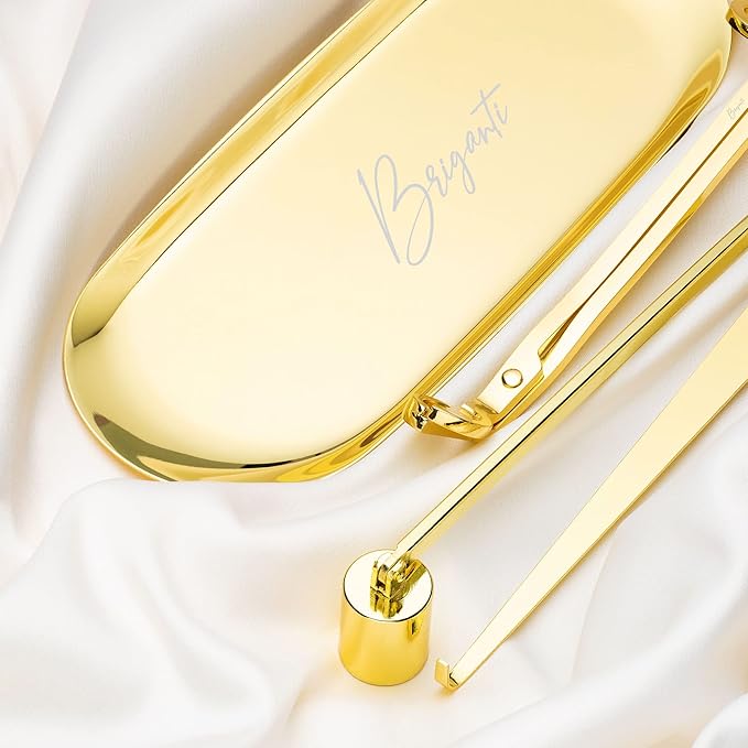 BRIGANTI Candle Care Essentials Accessory Set, 4pc Candle Accessories Kit - Gold | Candle Snuffer with Swivel Head, Wick Trimmer Scissors with Refined Edge, Wick Dipper & Pick, Stylish Accessory Tray