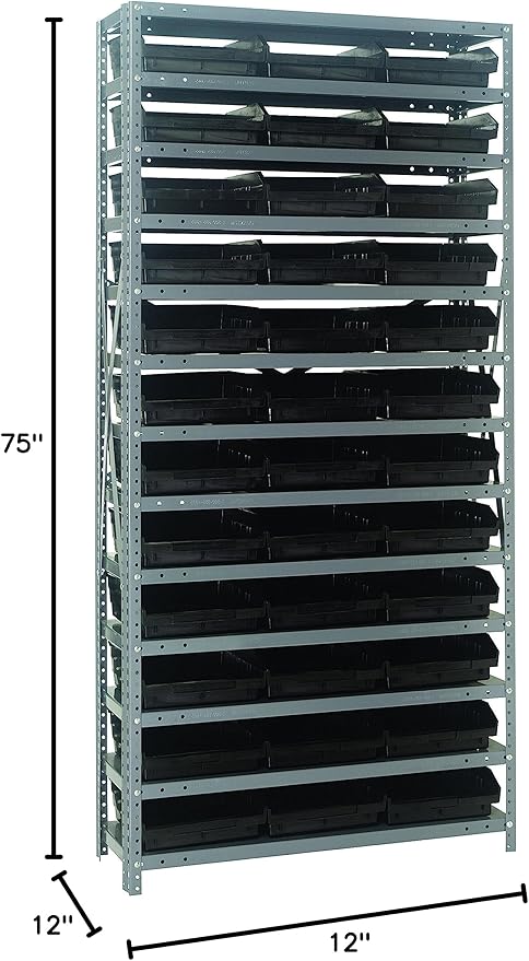Quantum Storage Systems 1275-109BK Steel Shelving Unit with 4" Shelf Bins, 12" D x 36" W x 75" H, Black