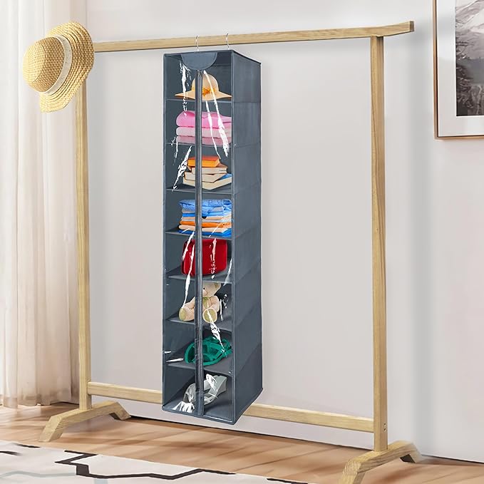 Coastal Rose 8 Tier Clear PVC Hanging Organizer With Zipper, Sweater Storage Shelves With Cover, Shoe Organizer for Closet, Grey