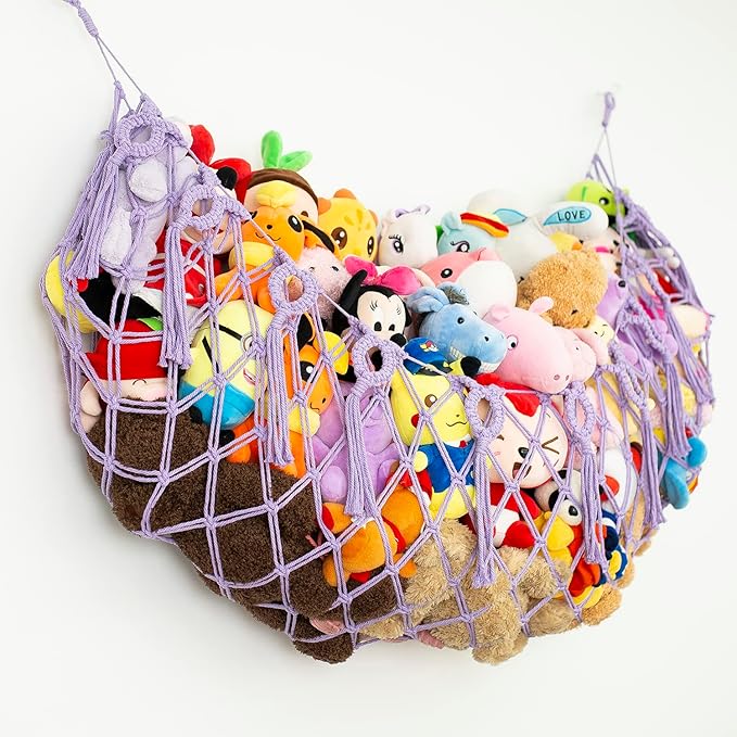 Stuffed Animal Net or Hammock for Flat Wall Hanging Net for Stuffed Animal Storage Handmade Macrame Plush Toy Hammock(Purple)