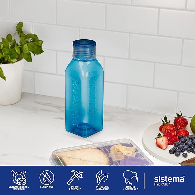 Sistema BPA Free Stackable Square Bottle, Assorted Colours, 475 ml