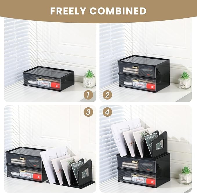 LALOBLUE Black Acrylic Desk Organizer with Drawer & File Holder, Stackable Modular Storage System, Multi-Layer Desktop Organizer, Space Saving Office Desk Organizer for Home & Work
