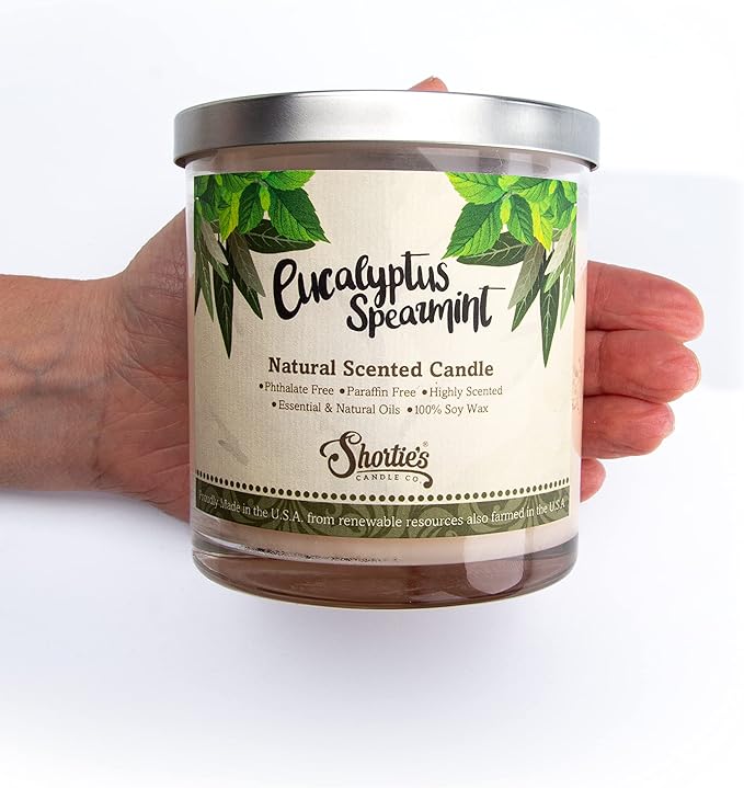 Eucalyptus Spearmint Scented Natural Soy Candle, Essential Fragrance Oils, 100% Soy, Phthalate & Paraben Free, Clean Burning, 9 Oz.