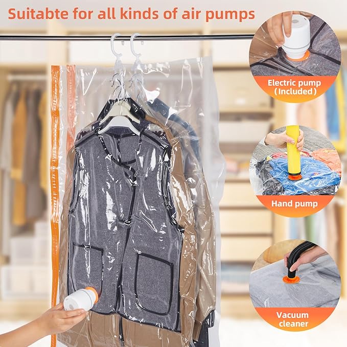 AGPTEK 6-Pack Hanging Vacuum Storage Bags for Clothes, Suits, Dresses & Jackets (3 Jumbo,3 Large) with Electric Pump - Space Saver Closet Organizer, Travel & Moving Supplies, Heavy Duty PA+PE
