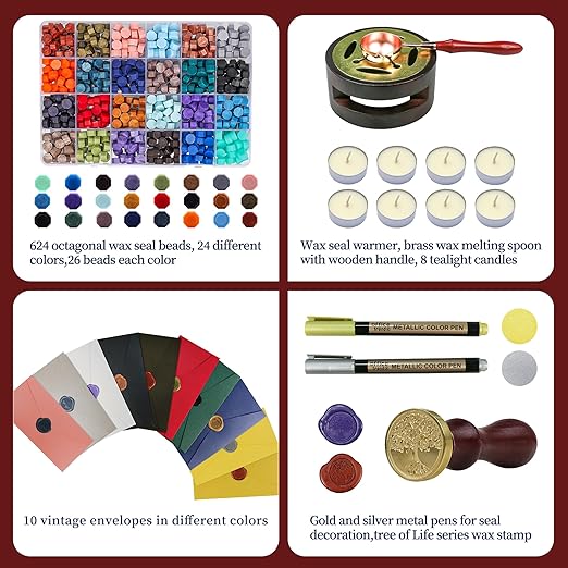 TRINIDa Wax Seal Kit, Premium Wax Seal Stamp Kit with 24 Colors 624 Pcs Beads, Metallic Pens, Warmer, Spoon and Tea Candles for Wedding Invitation, Letter Envelope, Gift Cards & DIY Crafts