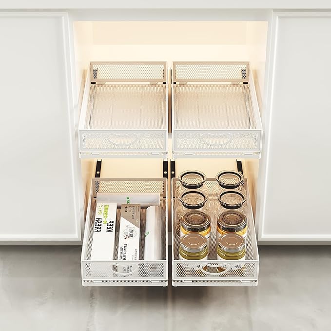 2 Pack Pull Out Cabinet Organizer, No Drill Adhesive Sliding Drawers for Kitchen, Metal Mesh Wire Storage Shelf for Pantry & Under Sink, White (9.6" W x 15.7" D x 3.9" H)