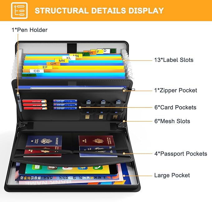 Hontom Accordion File Organizer,5200℉ Fireproof Document Organizer with 13 Pockets,Portable Travel Home Safe Storage File Folder Binder with Zipper for Letter Important Document,Paper,Receipt