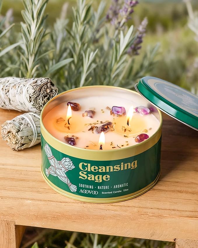 AOOVOO 2 Pack Sage Candle for Cleansing - 3 Wick 24oz Large Scented Candle with Crystals & Sage Leaves Inside, Soy Candles Non Toxic for Meditation Spiritual Gift, Aromatherapy Candle for Women Men