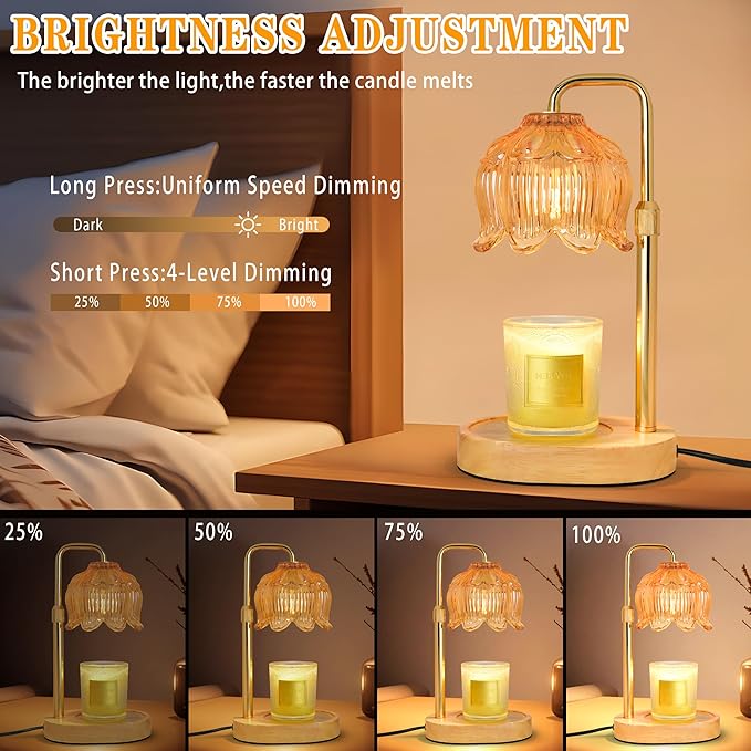 Candle Warmer Lamp with Timer Dimmer, Adjustable Height Candle Wax Warmer, Christmas Birthday Gift for Mom Women, House Warming Gifts for New Home Bedroom Decor, (Lotus Flower-Amber)