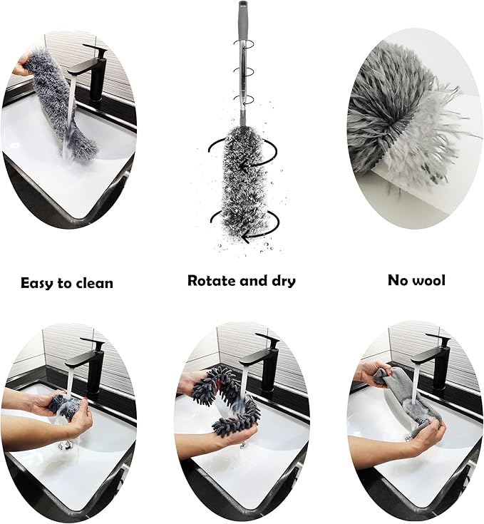Microfiber Duster with Telescoping Extension Pole(30-100 Inches) Kit, 4 Cleaning Head and 1 Mini-Duster. Reusable, Bendable, Washable Feather Dusters for Cleaning Fans Cobwebs Ceilings Blinds