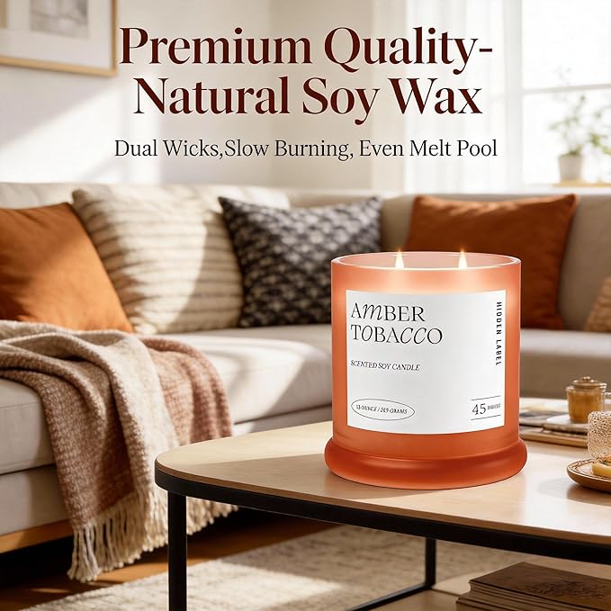 Hidden Label Amber Tobacco Scented Candle, 2 Wick Large Candles for Home Scented, 13oz Natural Soy Wax, 75Hours Long Lasting Slow Burning, Aromatherapy Candle with Reusable Glass Jar