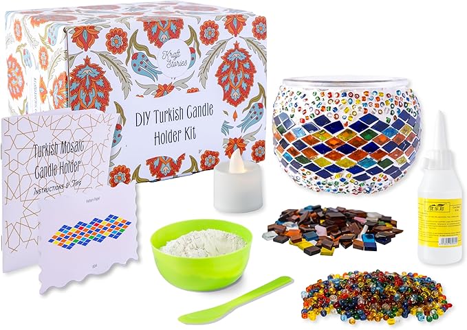 KRAFTSTORIES Turkish Mosaic DIY Candle Holder Kit - Glass Decorative Tealight for Living Dining Room Bedroom | Make Your Own Mosaic | Craft Kits for Adults (Multicolor - MA03)