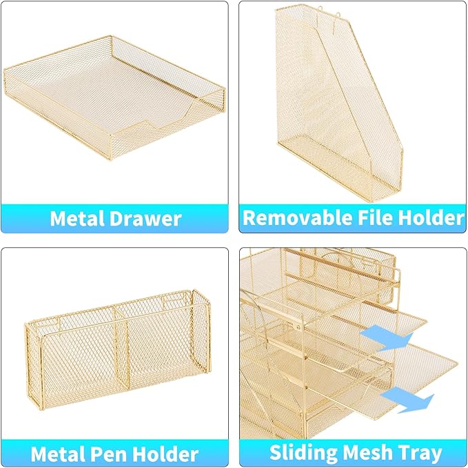 Desk Organizer, 5-Tier Paper Letter Tray Organizer with File Holder, Drawer and Pen Holder, Desktop Organizer for Office Supplies, Gold
