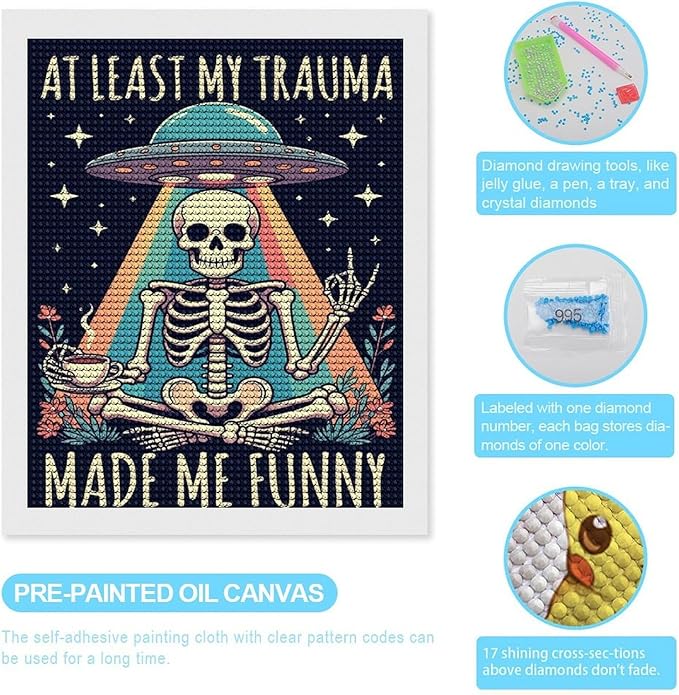 KIVJMSIDJA Diamond Art Kits for Adults Skull Skeleton “At Least My Trauma Made Me Funny” DIY Round Diamond Art for Home Wall Decor & Crafts Gifts 16"x20"